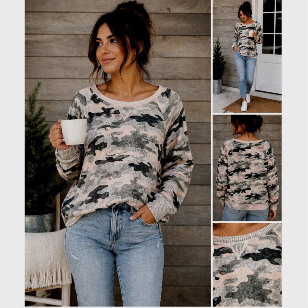 Women’s Camo Long Sleeve Knit Top Gray Pink Soft Lightweight Pullover Size M/L